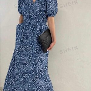 SHEIN Blue Puff Sleeve V-Neck Maxi Dress